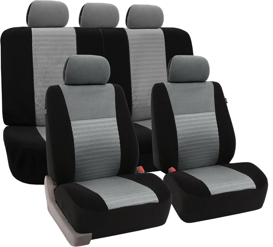 FH Group Universal Car Seat Covers Full Set for SUV Truck Sedan Vans | 3D Textured Breathable Fabric Seat Cover Set with Airbag Compatible Split Bench Protector Interior Upgrade - Gray/Black