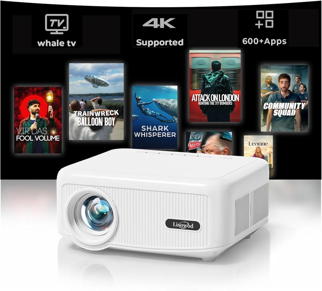 Lisowod Projector with WiFi and Bluetooth, Projector: Electric Focus & 4P Keystone, Lisowod 1080P Portable-Mini-Movie-Projector with Whale TV
