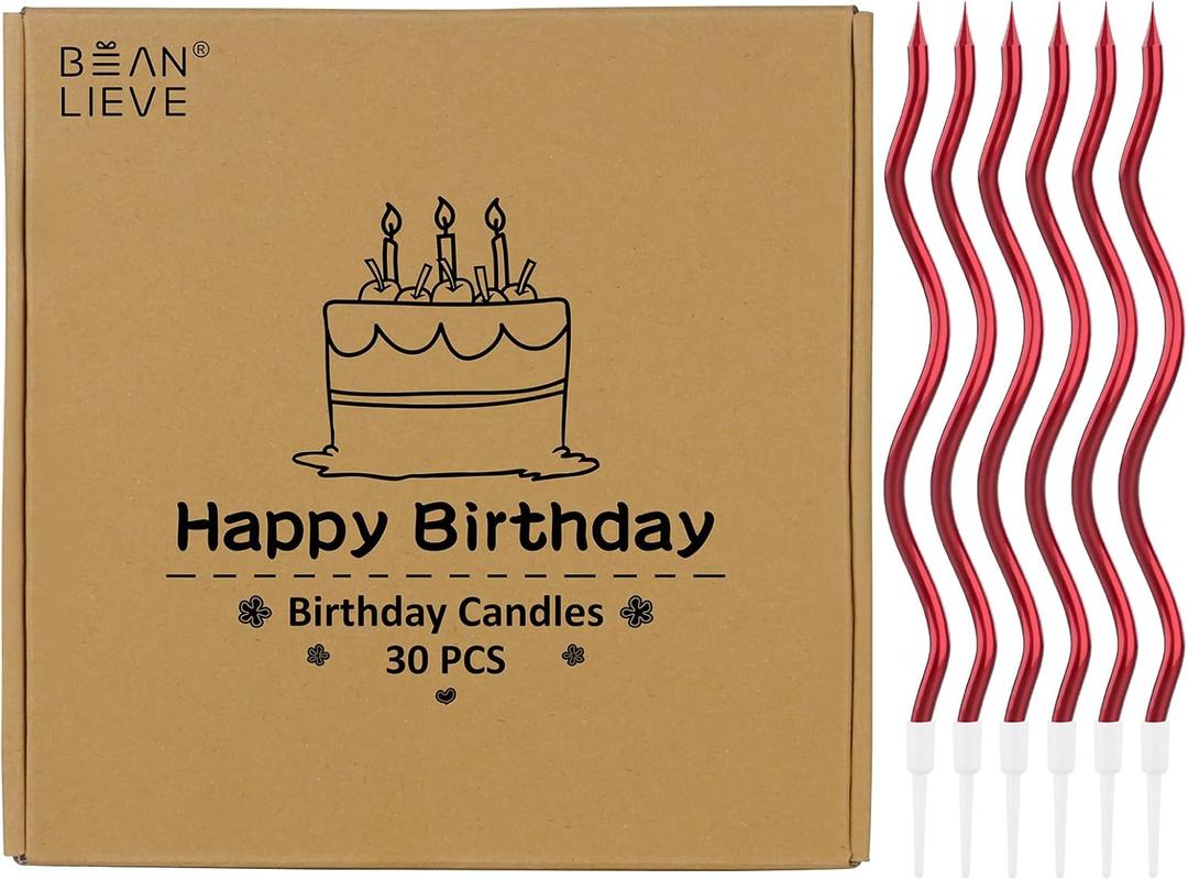 BEAN LIEVE 30-Count Spiral Birthday Candles - Elegant Twisted Design with Holders, Long-Lasting Burn for Birthdays, Weddings, Cupcakes & Family Celebrations (Red)