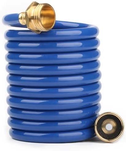 Heavy-Duty EVA Coil Garden Hose with GHT Solid Brass Fittings, Water Hose with Brass Connectors, for Garden Lawn Watering, Car Washing (10FT, Blue)