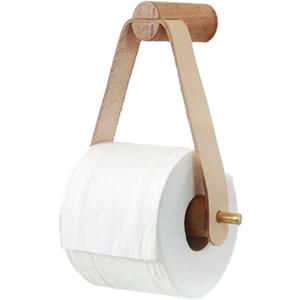 Wood & Leather Wall Toilet Paper Holder, Rustic Tissue Rolls Paper Holder Wall Mounted, Graceful and Natural Bathroom Accessories with Self-Adhesive Seamless Screw (Off-White)