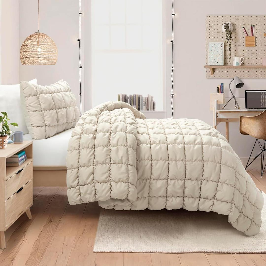 Lush Decor Puff Quilted Comforter Set, 2 Piece Set, Twin XL, Neutral - Teen Bedding Set - Super Soft Comforter - Neutral Dorm Decor - Textured Minimalist & Modern Bedroom Decor