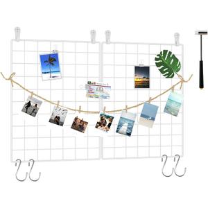 C&AHOME Photo Wall Display Set of 2, Grid Panel with Hooks, Clips, Hemp Cord, Hammer - 15.7" x 11.8", White UWWGM3402W