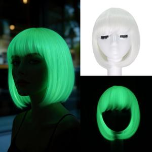 Glow in the Dark White Bob Wig with Bangs Short Straight Synthetic Hair 10 Inch for Women