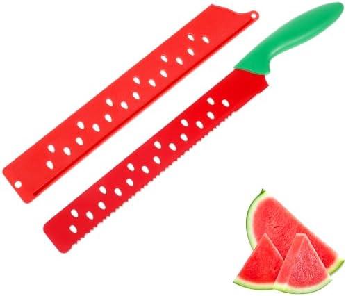 DECHOUS Watermelon Knife with Sleeve: Long Serrated Watermelon Knife for Melon Cutting - Kitchen Fruit Melon Cutter Slicer for Home Summer Party Fruit Serving (Red Green)