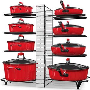 Pots and Pans Organizer under Cabinet, 8 Tier Pan Organzier Rack with 3 DIY Methods, Adjustable Pot Organizers inside Cabinet, Pot Lid Organizer for Kitchen Cabinet Organizers and Storage (Silver)
