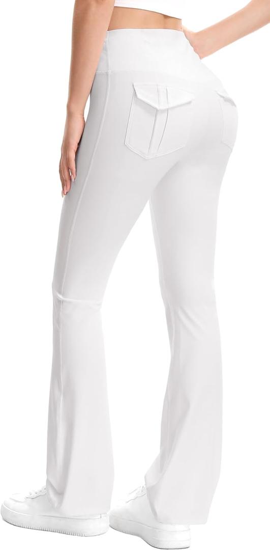 Women's Flare Leggings with Pockets High Waisted Butt Lifting No Front Seam Tummy Control Bootcut Yoga Pants for Women (Large, White)