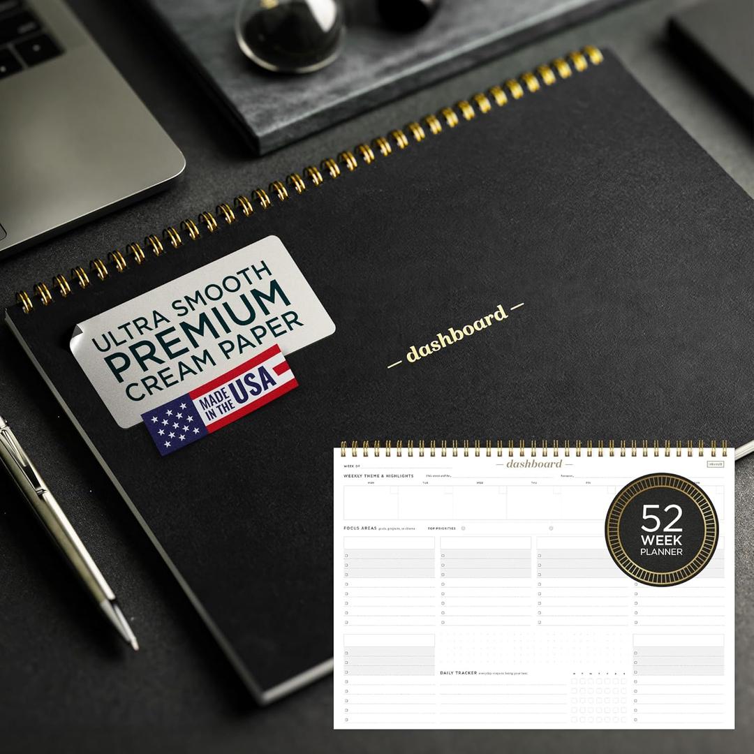 Ink+Volt Dashboard Spiral Deskpad | Undated Weekly Planner Notepad w/ 52 Undated Sheets, Premium Productivity Planner, Minimalist Weekly to do List for Work & Study | A4 Size, Black - Made in the USA