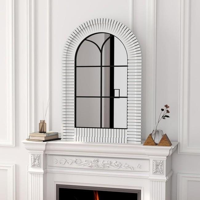 36x24 inches Wooden White Arch Window Mirror with Grid Frame, Decorative Arched Vanity Wall Mirrors for Bedroom Dresser, Bathroom, Living Room, or Entryway Decor