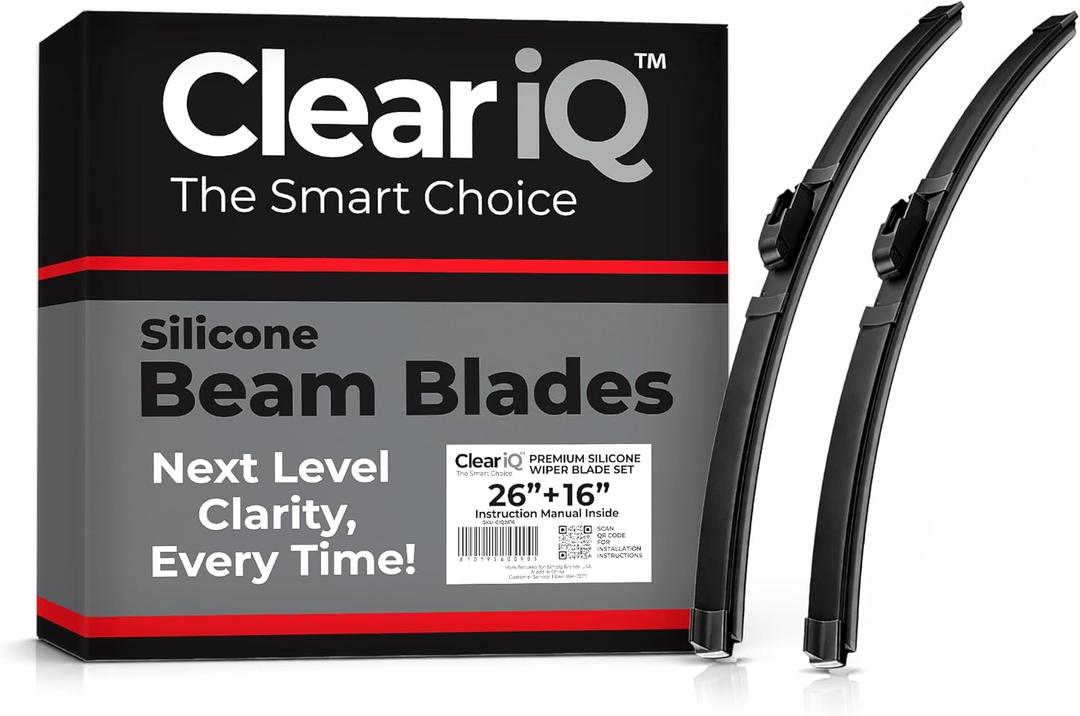 Clear IQ Premium Silicone Windshield Wipers 26 in. Driver and 16 in. Passenger Set - Beam Style Automotive Replacement Windshield Wiper Blades for Car - All Weather 26 and 16 Inch Wiper Blade Set