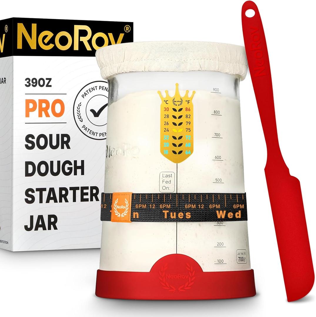 Pro Sourdough Starter Kit - 39 Oz Glass Sourdough Starter Jar (With Cloth Lid,Silicone Base,Scraper,Date Tracker,Temp Strip) - Sourdough Bread Baking Supplies For Sour Dough Bread Loaf (Red)