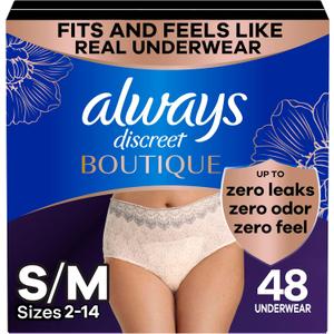 Always Discreet Boutique Incontinence and Postpartum Underwear for Women, Maximum Protection, Small/Medium, Rosy, 48 Count (4 Packs of 12)