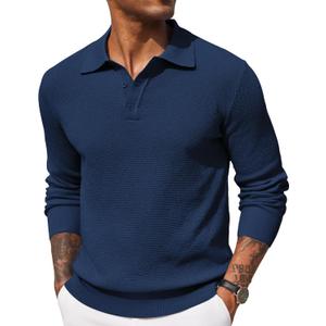 COOFANDY Mens Knit Polo Shirts Long Sleeve Casual Polo Sweaters Shirt Waffle Textured Collared Sweater (Medium, Dark Blue)