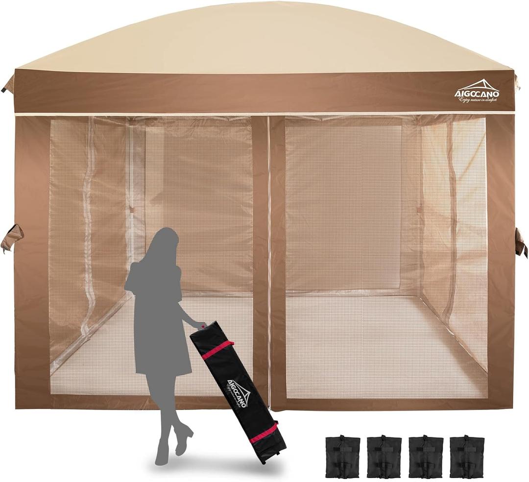 Canopy Tent with Netting Screen,10x10 Easy Pop Up Gazebo for Outdoor Parties,Camping,Foldable Patio Gazebo with Roller Bag and 4 Sandbags(Brown)