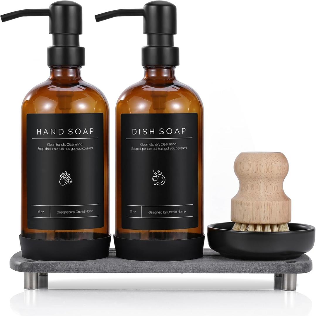 [Luxury] Kitchen Soap Dispenser Set  16OZ Amber Glass Bottle, Stainless Steel Pump, Instant Dry Tray, Waterproof Labels, NonSlip Silicone Pad, and Dish Brush | Upgrade for Your Kitchen and Bathroom