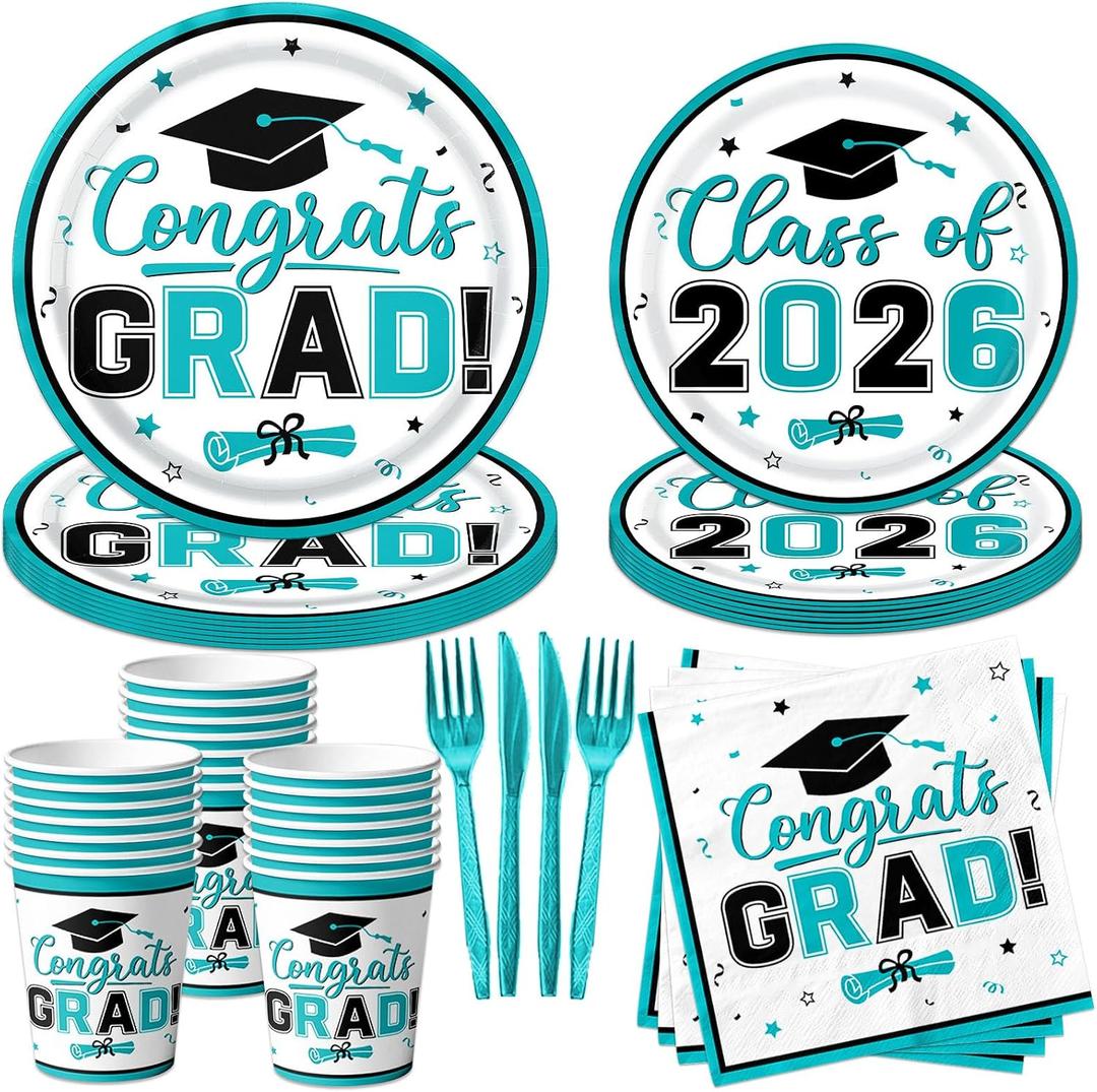 Teal Graduation Decorations Dinnerware Set, Class of 2026 Graduation Plates and Napkins, Graduation Plates and Cups and Napkins Set for Congrats Grad Party Decorations, Serve 25