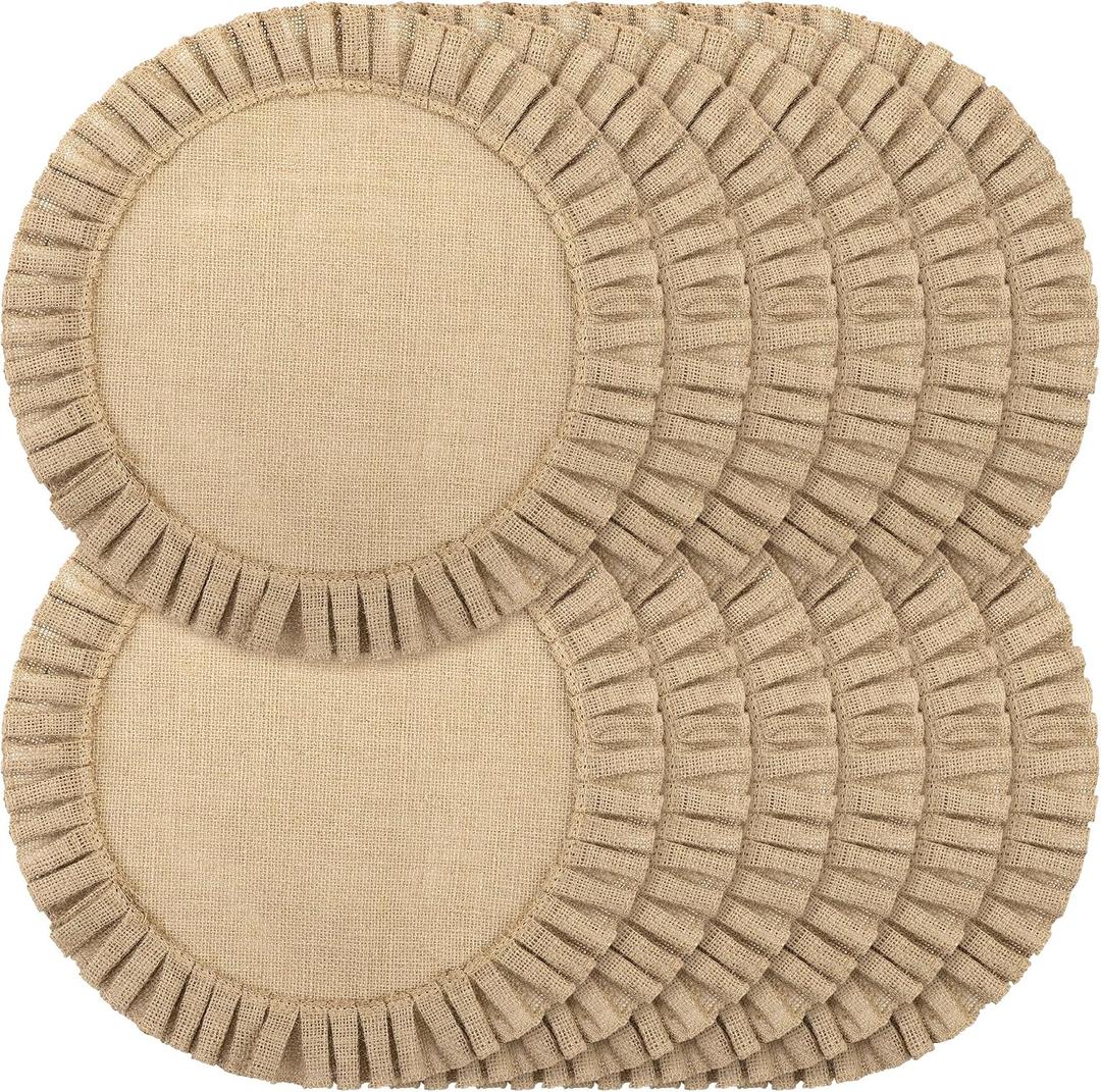Aneco 12 Pack Round Burlap Placemats with Ruffle Edge | 15 Inch Braided Jute Placemats Reusable Table Mats for Weddings Parties Holidays Dining Table (Brown)