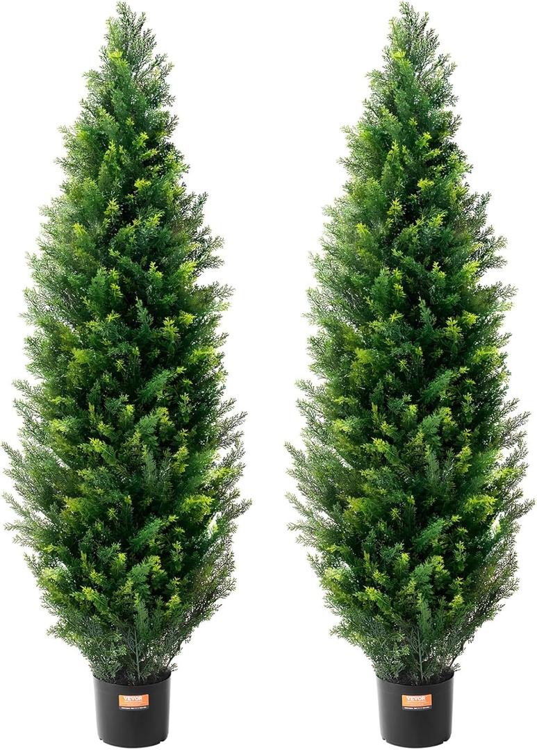 VEVOR Artificial Cedar Topiary Tree, 60 inch Tall (2 Pieces), with Extra Leaves & Pot Faux Evergreen Fake Pine Cypress Trees Plant, UV Rated Artificial Greenery Set for Home Decor Indoor/Outdoor