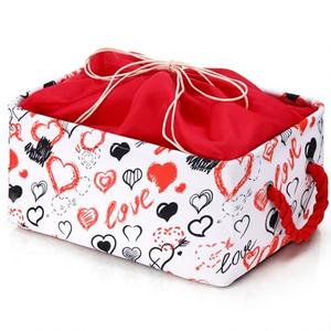 Wonderjune Valentine's Day Storage Basket Canvas Fabric Organizer Bin with Drawstring Closure and Handles Heart Gift Basket for Home Office Nursery Closet Room Toys Books Clothes (Red Black Heart)