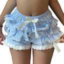 Women Lace Ruffle Bloomer Shorts Low Waist Layered Mini Shorts Frilly Ruched Mesh Pettipants Pajama Bottom S