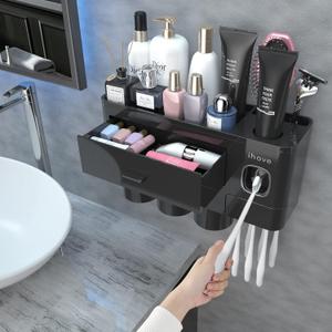 iHave Toothbrush Holders for Bathrooms, 3 Cups Toothbrush Holder Wall Mounted with Toothpaste Dispenser - Large Capacity Tray, Cosmetic Drawer - Bathroom Organizer & Bathroom Organization and Storage (Black)