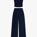 PRETTYGARDEN Spring Two Piece Sets For Women 2025 Ribbed Knit Crew Neck Sleeveless Tank Tops Wide Leg Pants Casual Lounge Set (Navy, Small)