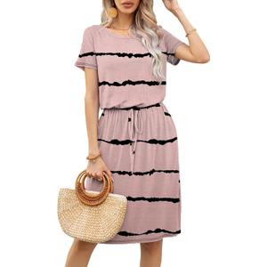 levaca Womens Summer Casual Dress Belly Drawstring Beach Coverup Short Sleeve 2025 Outfit Midi Sundress with Pockets (Large, Ze-yh3023 Wave Striped) 