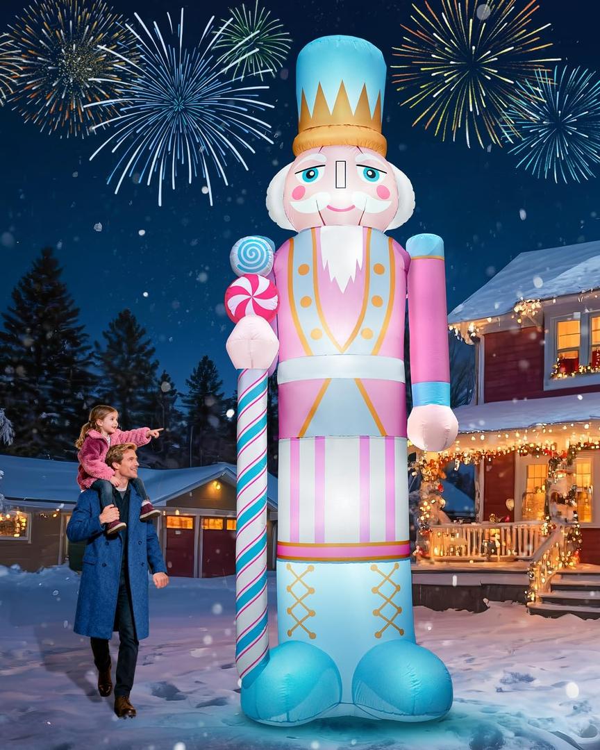 12FT Giant Christmas Inflatable Nutcracker, Huge Pink Christmas Decoration Outdoor Hold Cane Large Blow Up Yard Decorations Blowups with Bright LED Lights for Xmas New Year Holiday