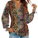 Romanstii Women V Neck Shirts Puff Sleeve Blouse Top Loose Clothes,Ethnic Print,XL (Red, XL)