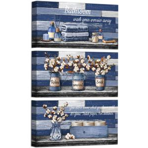 HOMEOART Bathroom Signs Farmhouse Bathroom Wall Decor Pictures Canvas Wall Art for Bath Room Decor Framed 6x12inchx3Pieces (Blue)