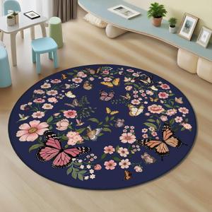Butterfly Circle Rug 4ft - Washable Round Area Rug Soft Large Circle Carpet for Bedroom Living Room Kitchen Nursery, Blue (Multi 1006)
