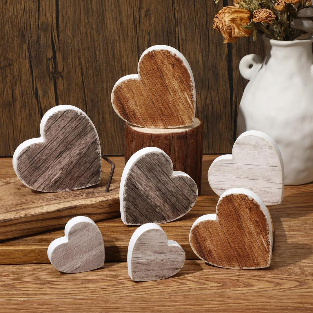 7 Pcs Valentine's Day Wooden Heart Signs Valentine's Day Decorations Rustic Heart Tabletop Centerpiece Table Tiered Tray Decor for Valentines Wedding Anniversary Farmhouse Party Supplies