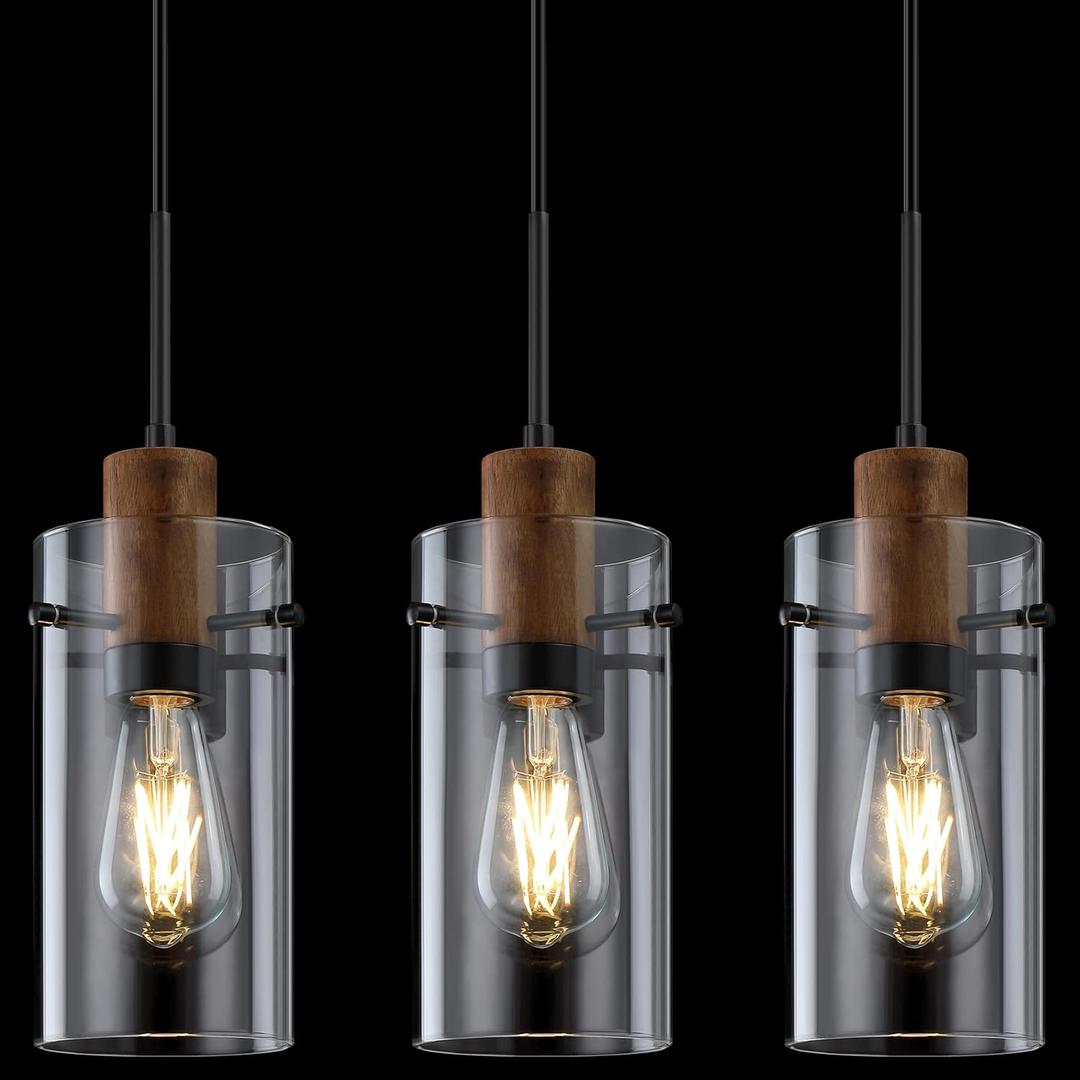 3 Pack 1 Light Industrial Modern Farmhouse Hanging Kitchen Island Pendant Ceiling Light Fixtures,Wood Clear Glass Black Finish Over Sink Restaurant bar Corridor
