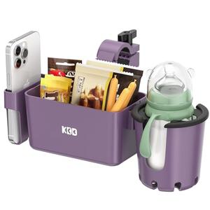 Stroller Cup Holder with Snack Tray, 3-in-1 Universal Stroller Tray with & Phone Holder, Removable Drink Holder, 360 Rotation Tray Attachment for Nuna, Wheelchair, Bike, Walker, Scooter (Purple)