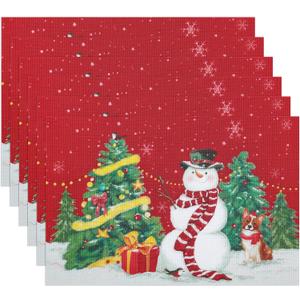 Christmas Placemats are with Classic Santa Claus, Snowflakes and Trees Designed The Colors red for The Festive Atmosphere. Washable Non-Slip Heatproof Woven Placemats Set of 6