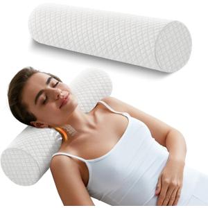 Memory Foam 4" Round Pillow, Cervical Neck Pillow for Pain Relief, Cylinder Pillows 18"x 4", Removable Cover, Neck Roll Pillow for Sleeping, White Plaid