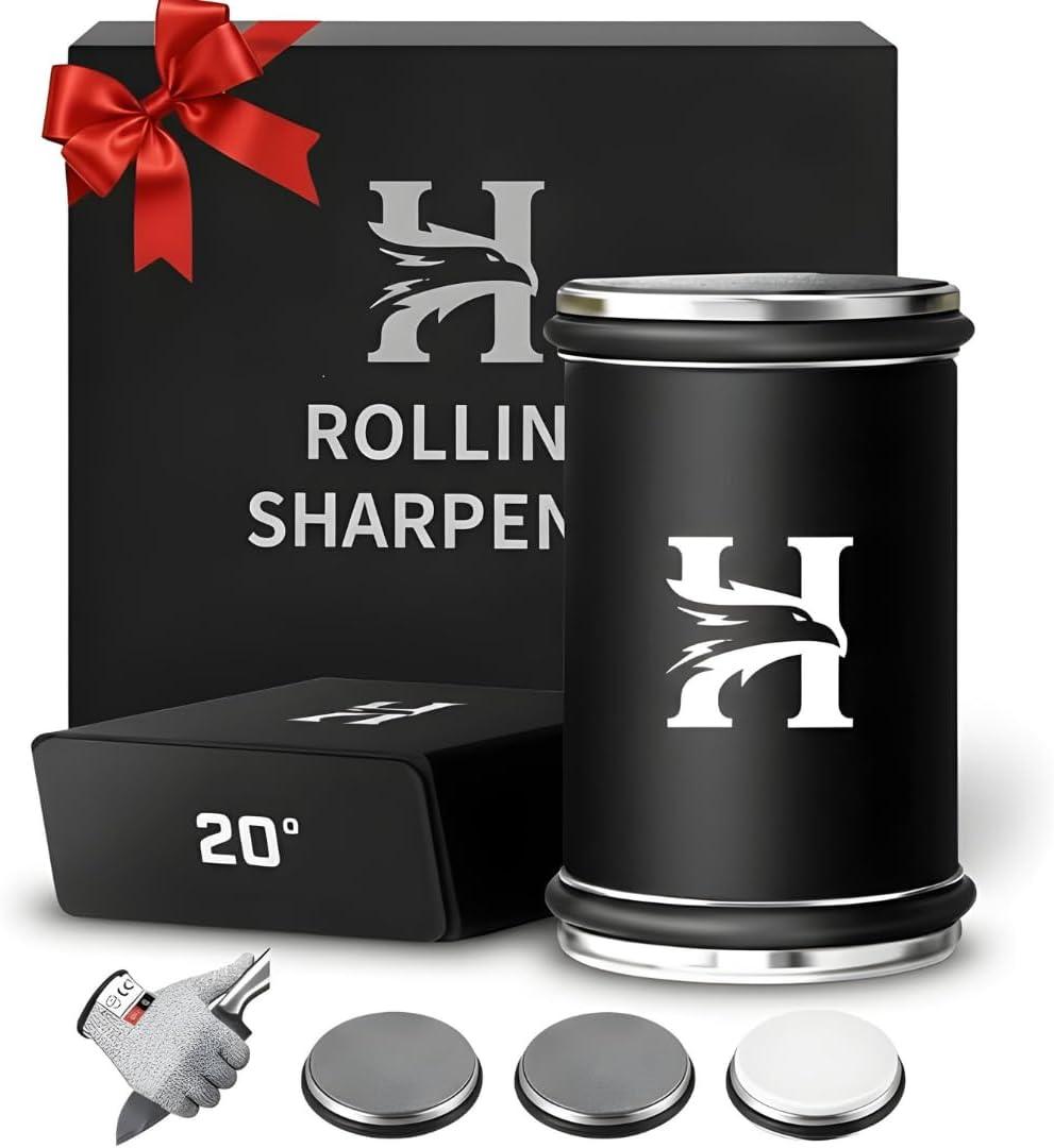 High Carbon Stainless Steel Rolling Knife Sharpener with 400, 1000 & 3000 Replacement Discs - Blunt Knife Sharpening Kit with 15 and 20 Degree Sharpening for Kitchen & Chef's Knives (BLACK)