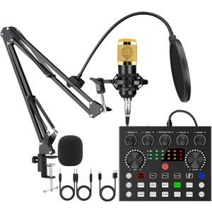 SIBORIE Podcast Equipment Bundle with Audio Interface,V8S Voice Changer, Condenser Karaoke Microphone, Mic Stand and Mic Pop Filter,Podcast Starter Kit DJ Audio Mixer for Podcast and Live