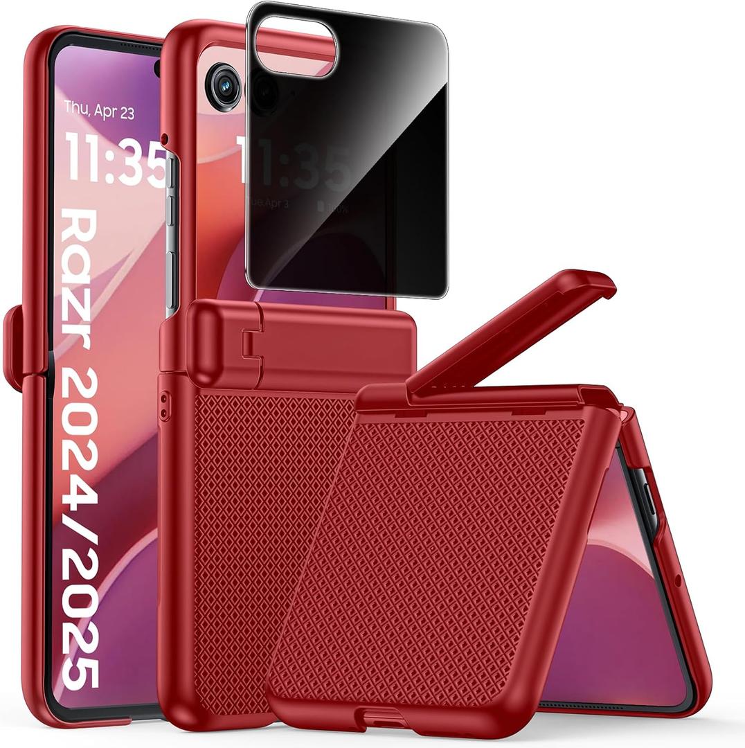 for Motorola Razr 2025 Case, Built-in [Privacy Screen Protector] [Hinge Protection] [Hidden Kickstand] Slim Shockproof Phone Case for Motorola Razr 2025/2024 (Red)