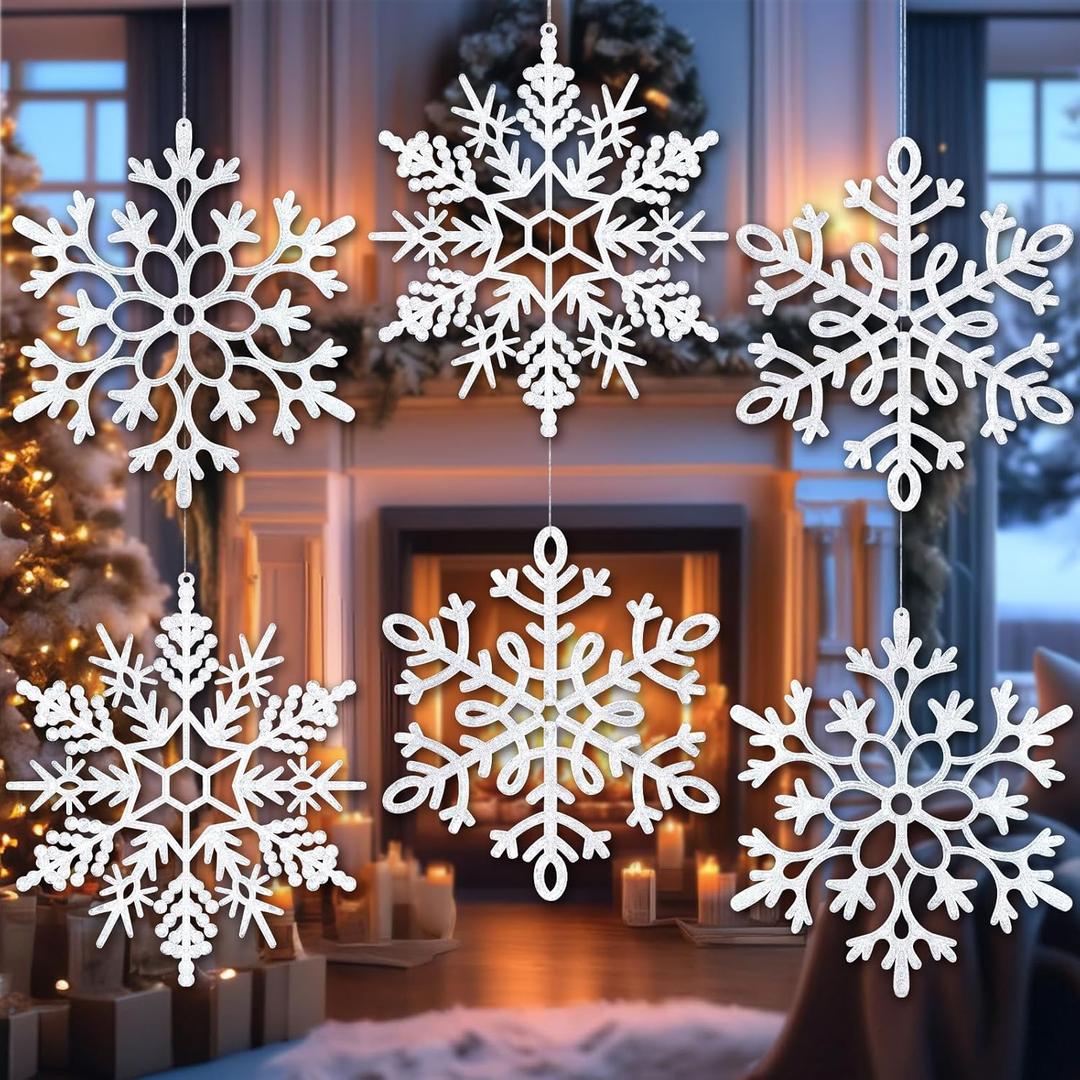 8Pcs Large White Snowflake Ornaments, 12''Big Plastic Christmas Ornaments, Hanging Snowflake Decorations for Christmas Tree Decorations Winter Decoration Indoor Outdoor Holiday Decor Craft Snowflakes