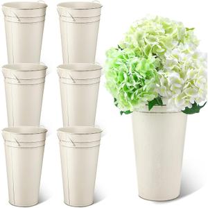Irenare 12 Inch Vintage Galvanized Flower Bucket Metal Flower Vase Farmhouse French Bucket Planter Metal Floral Container for Party Table Centerpiece Weddings Home(White,6 Pcs)