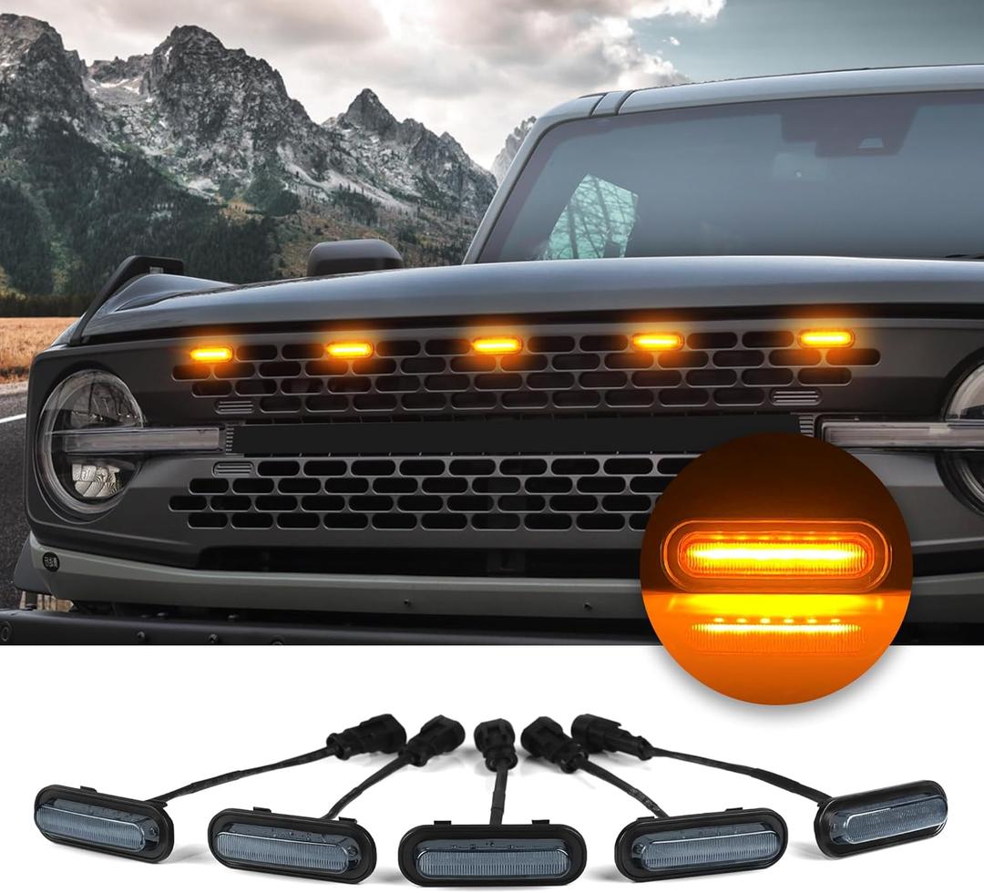 5 Pcs Front LED Grill Lights Compatible with Ford Bronco Accessories 2021 2022 2023 2024 2025 2/4 Door Badlands Wildtrak Everglades & Stroppe Edition (Amber Light with Black Shell)