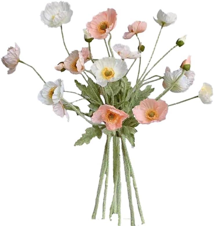 6pcs Artificial Poppy Flowers Spring Flowers Real Touch Flowers Silk Fake Poppy Flowers with Stems Faux Poppy for Home Table Centerpieces Floral Arrangement Wedding Bouquet Mixed Decoration (Pink-white)