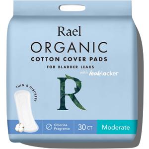 Rael Incontinence Pads for Women, Organic Cotton Cover - Postpartum Essential, Heavy Absorbency, Bladder Leak Control, 4 Layer Core with Leak Guard Technology, Long Length (Moderate, 30 Count)