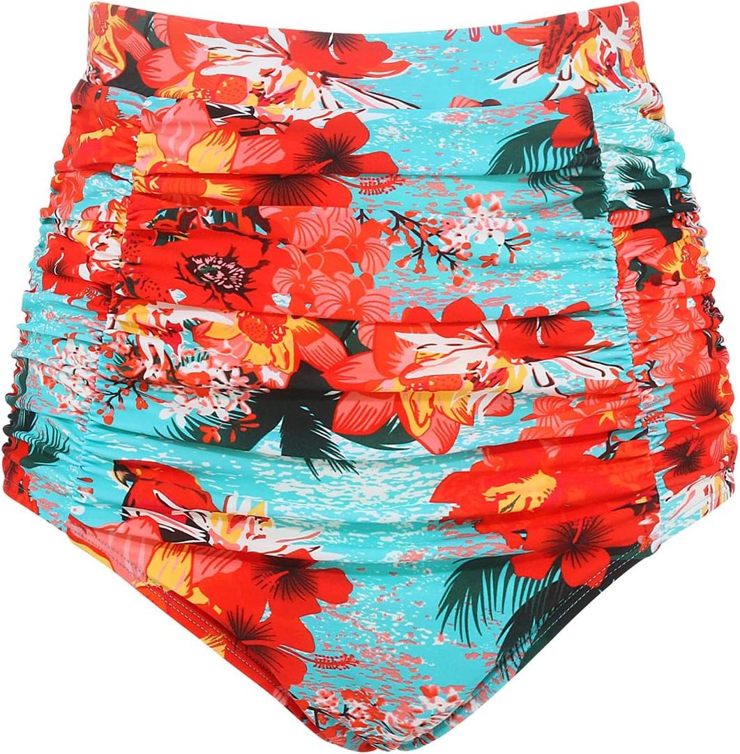 RELLECIGA Women's High Waisted Bikini Bottom Tummy Control Ruched Full Coverage Swim Bottom(Blue Floral, Large)