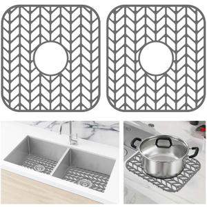 AWOKE Silicone Sink Protectors for Kitchen Sink, 12" x 11" Mat for bottom of sink, Center Drain Hole, Protect from Stains, Scratches, Dishwasher Safe Grid for Kitchen (2 Pack, Gray)