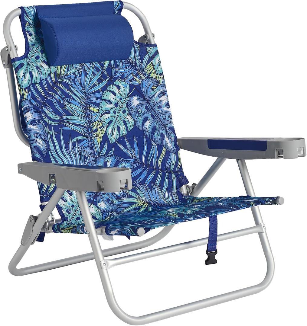 SUNNYFEEL Extra Wide Low Beach Chair 5 Position Lay Flat 500 LBS Heavy Duty, XL Oversized Portable Folding Camping Chairs with Cup Holder for Outdoor/Trip, Lightweight Backpack Beach Chair for Adults, 70 cm x 53 cm x 77 cm