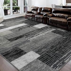 FlyDOIT Modern Geometric Patchwork Area Rug, 9x12 Grey Large Rugs for Living Room, Rockwood Collection Indoor Rugs for Bedroom, Throw Carpet Floor Decor for Entryway Dining Room Office Nursery