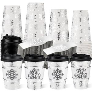 Potchen 48 Sets 12 oz Christmas Disposable Paper Sliver Foil Winter Snowflake Coffee Cups with Lids and Sleeves Bulk for Hot Cold Tea Drinking Winter Birthday Wedding Holiday Party Favors