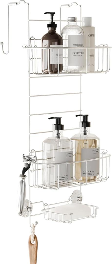 Zenna Home Shower Caddy Hanging Over the Shower Door Organizer, Stainless Steel Rack with 2 Shelves and Built in Hooks, Bathroom Organizer Shelf for Inside Shower, Chrome